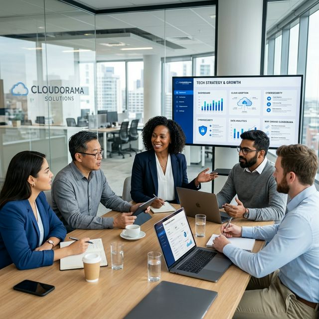 A diverse business team discussing tech strategy in a modern corporate office